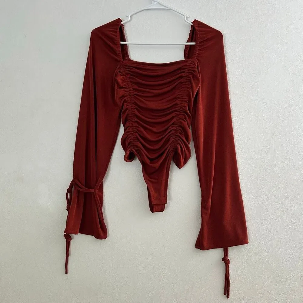 Free People XS Rust Ruched Bodysuit Bell Sleeve Boho Y2K Top
